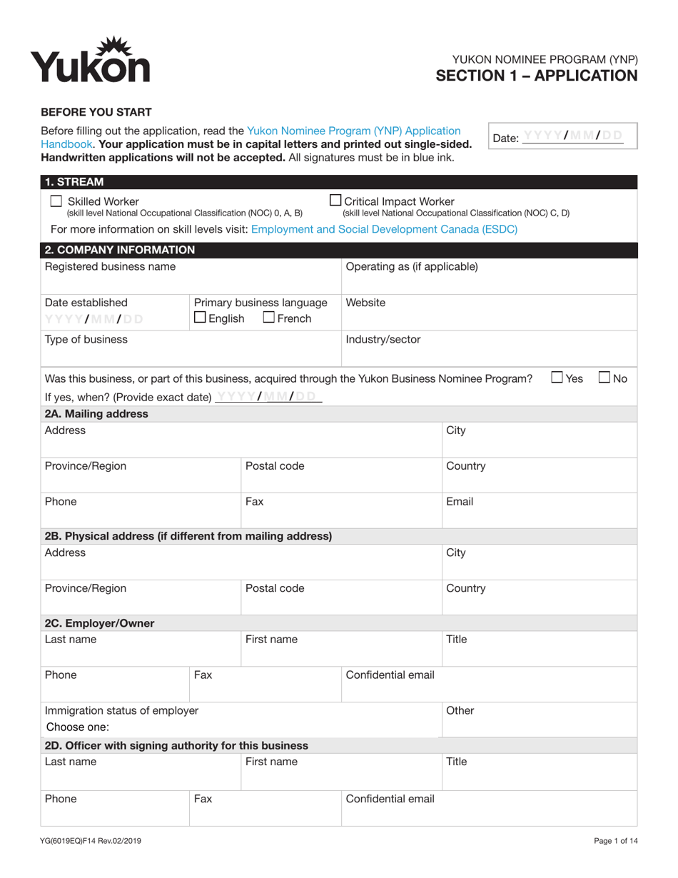 Form YG6019 Yukon Nominee Program (Ynp) Application Form - Yukon, Canada, Page 1