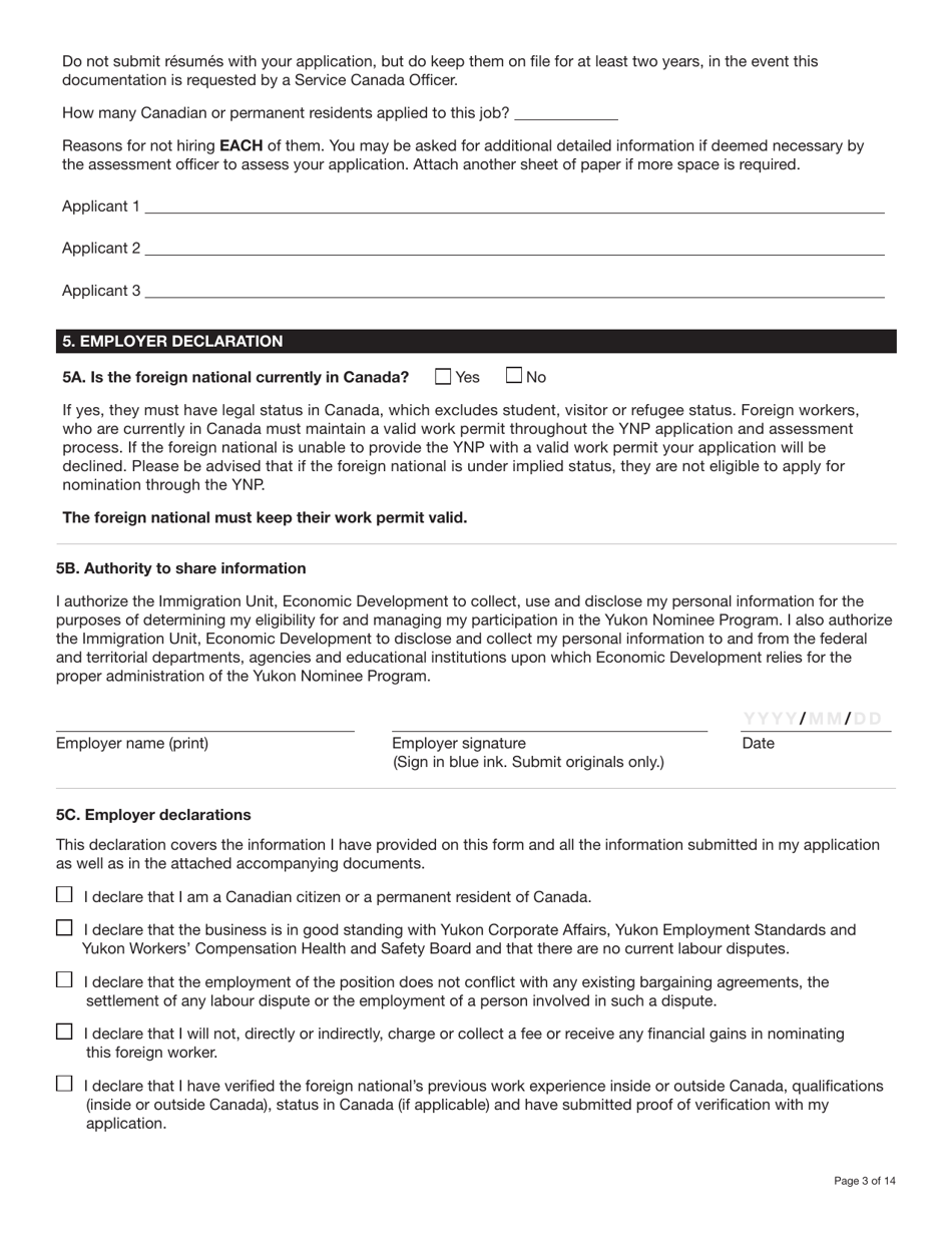 Form YG6019 Yukon Nominee Program (Ynp) Application Form - Yukon, Canada, Page 3