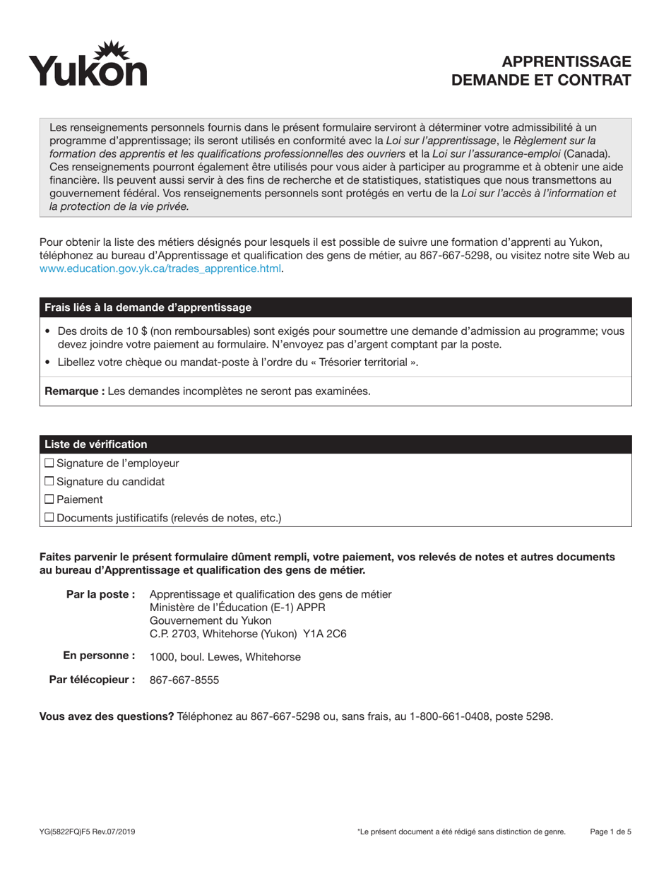 Forme YG5822 Apprentissage Demande Et Contrat - Yukon, Canada (French), Page 1