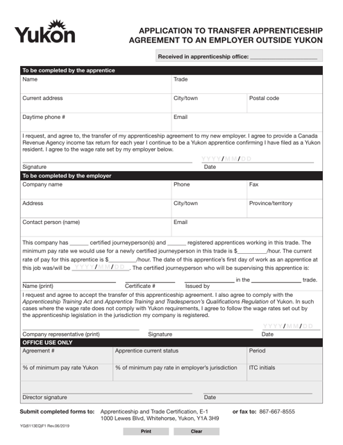 Form YG6113 Application to Transfer Apprenticeship Agreement to an Employer Outside Yukon - Yukon, Canada