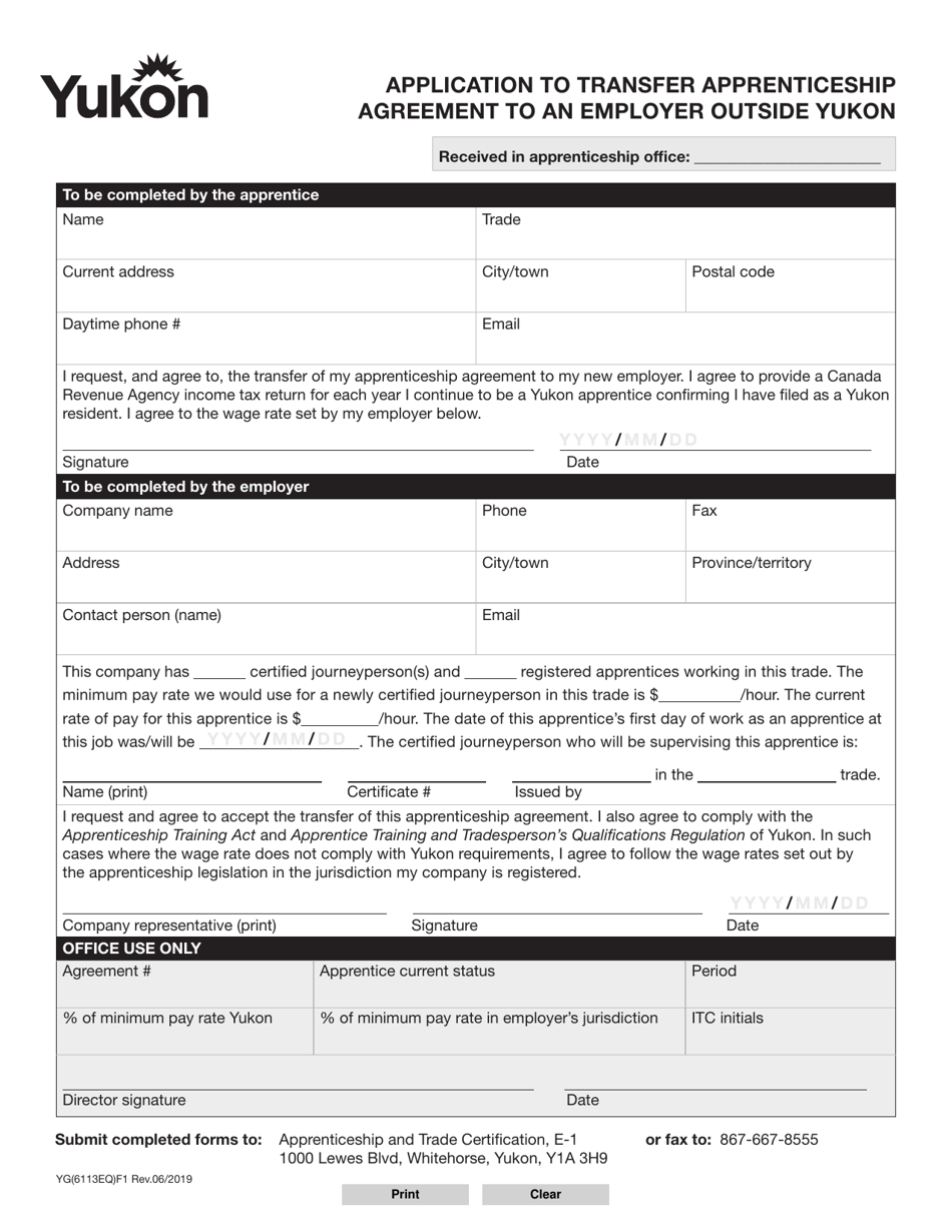Form YG6113 Application to Transfer Apprenticeship Agreement to an Employer Outside Yukon - Yukon, Canada, Page 1
