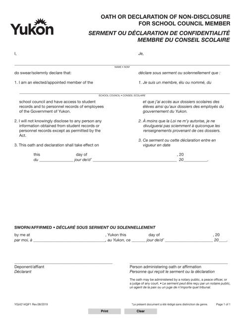 Form YG4214 Oath or Declaration of Non-disclosure for School Council Member - Yukon, Canada (English/French)