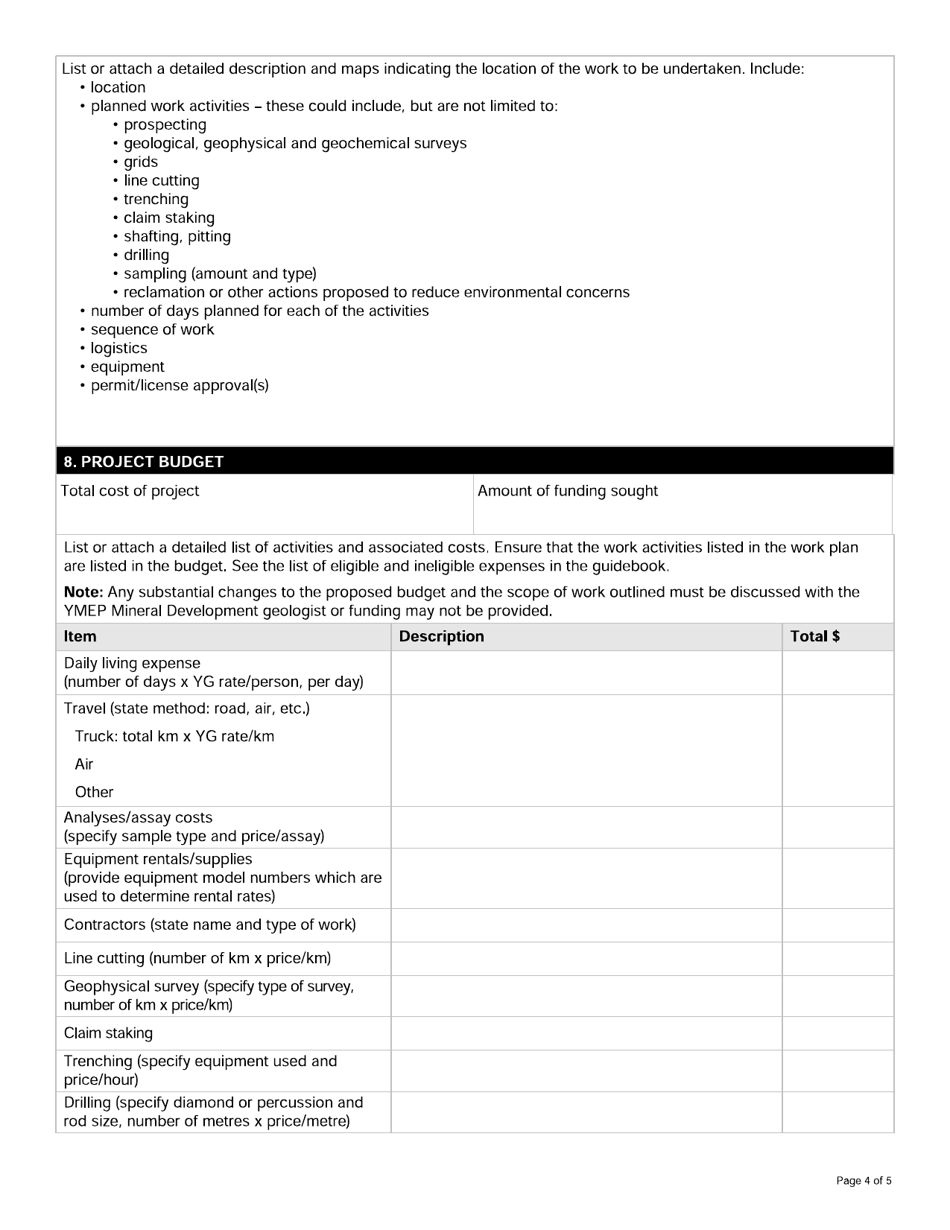 Form YG6715 Yukon Mineral Exploration Program (Ymep) Application for Funding - Yukon, Canada, Page 4