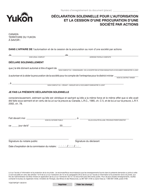 Forme YG6759 Declaration Solennelle Pour L'autorisation Et La Cession D'une Procuration D'une Societe Par Actions - Yukon, Canada (French)