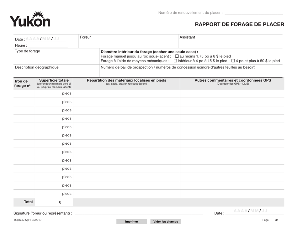 Forme YG6695 Rapport De Forage De Placer - Yukon, Canada (French), Page 1