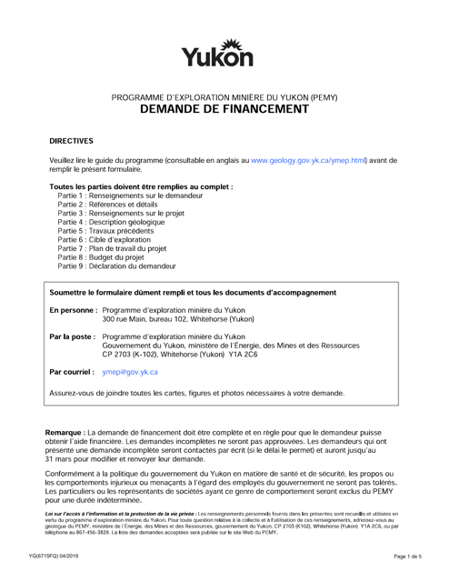 Forme YG6715 Programme D'exploration Miniere Du Yukon (Pemy) Demande De Financement - Yukon, Canada (French)