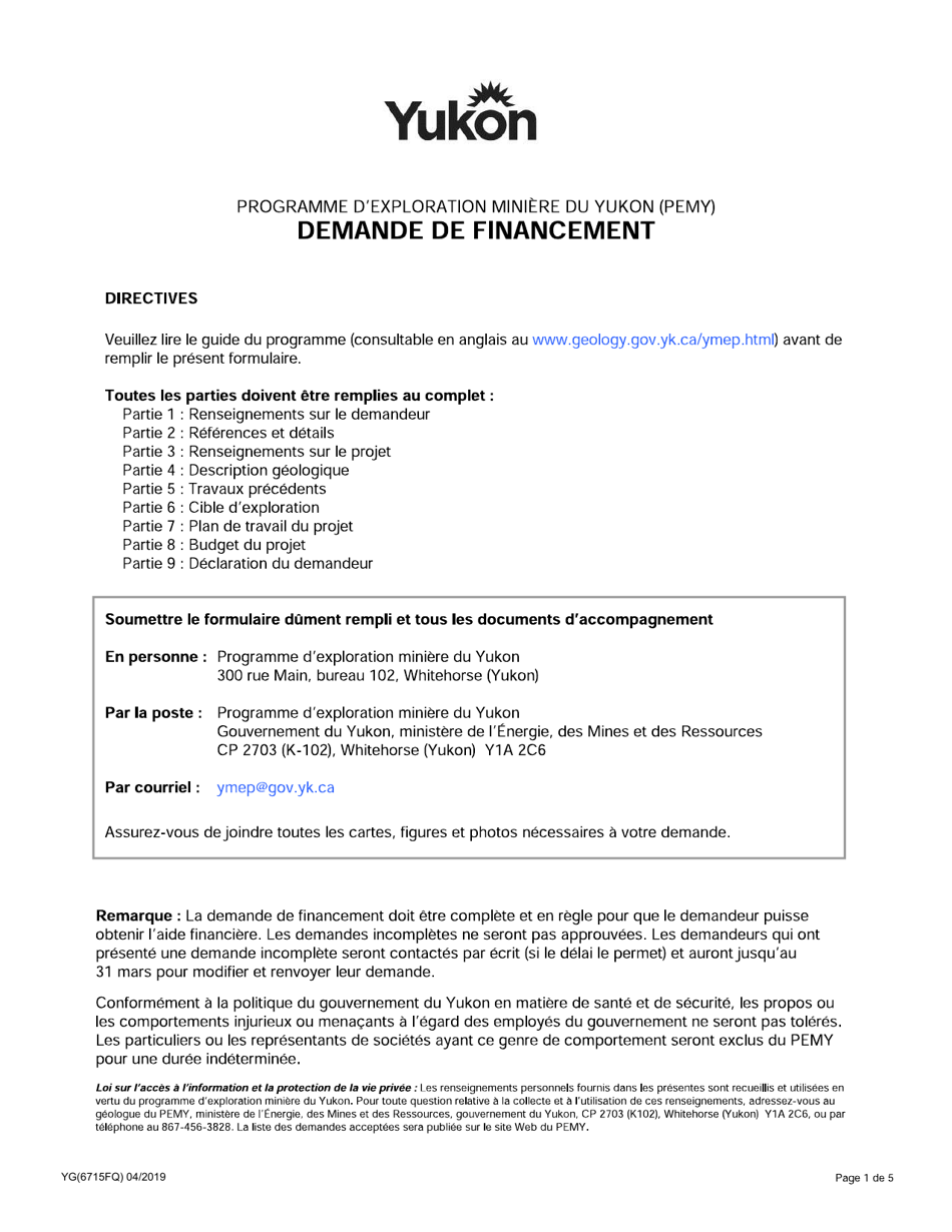 Forme YG6715 Programme Dexploration Miniere Du Yukon (Pemy) Demande De Financement - Yukon, Canada (French), Page 1