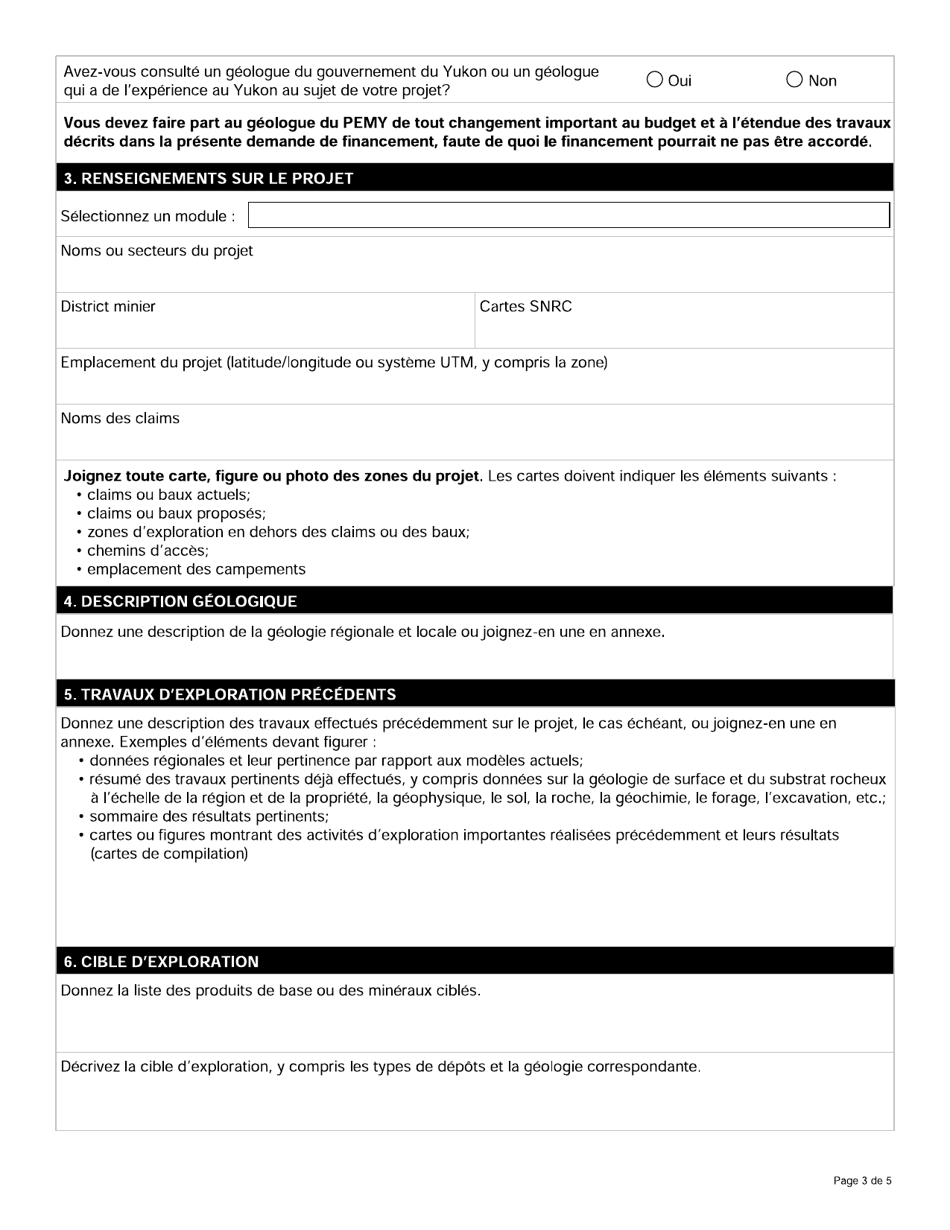 Forme YG6715 Programme Dexploration Miniere Du Yukon (Pemy) Demande De Financement - Yukon, Canada (French), Page 3