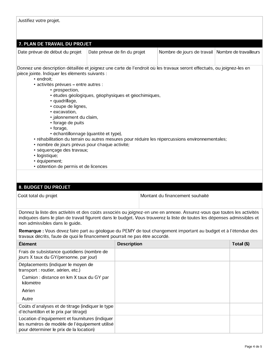 Forme YG6715 Programme Dexploration Miniere Du Yukon (Pemy) Demande De Financement - Yukon, Canada (French), Page 4