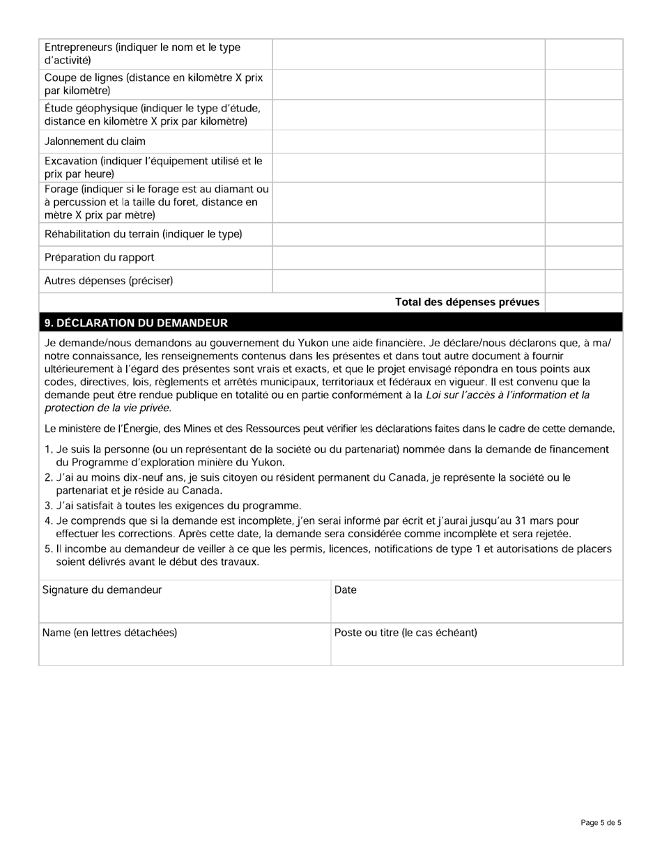 Forme YG6715 Programme Dexploration Miniere Du Yukon (Pemy) Demande De Financement - Yukon, Canada (French), Page 5