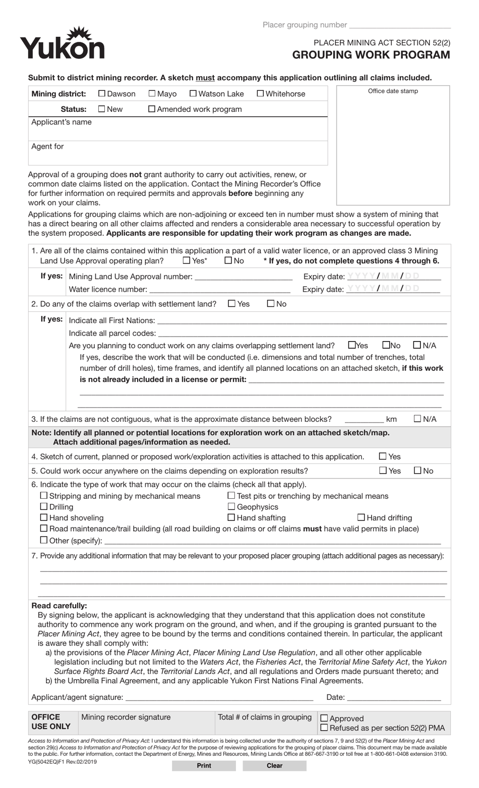 Form YG5042 Grouping Work Program - Yukon, Canada, Page 1