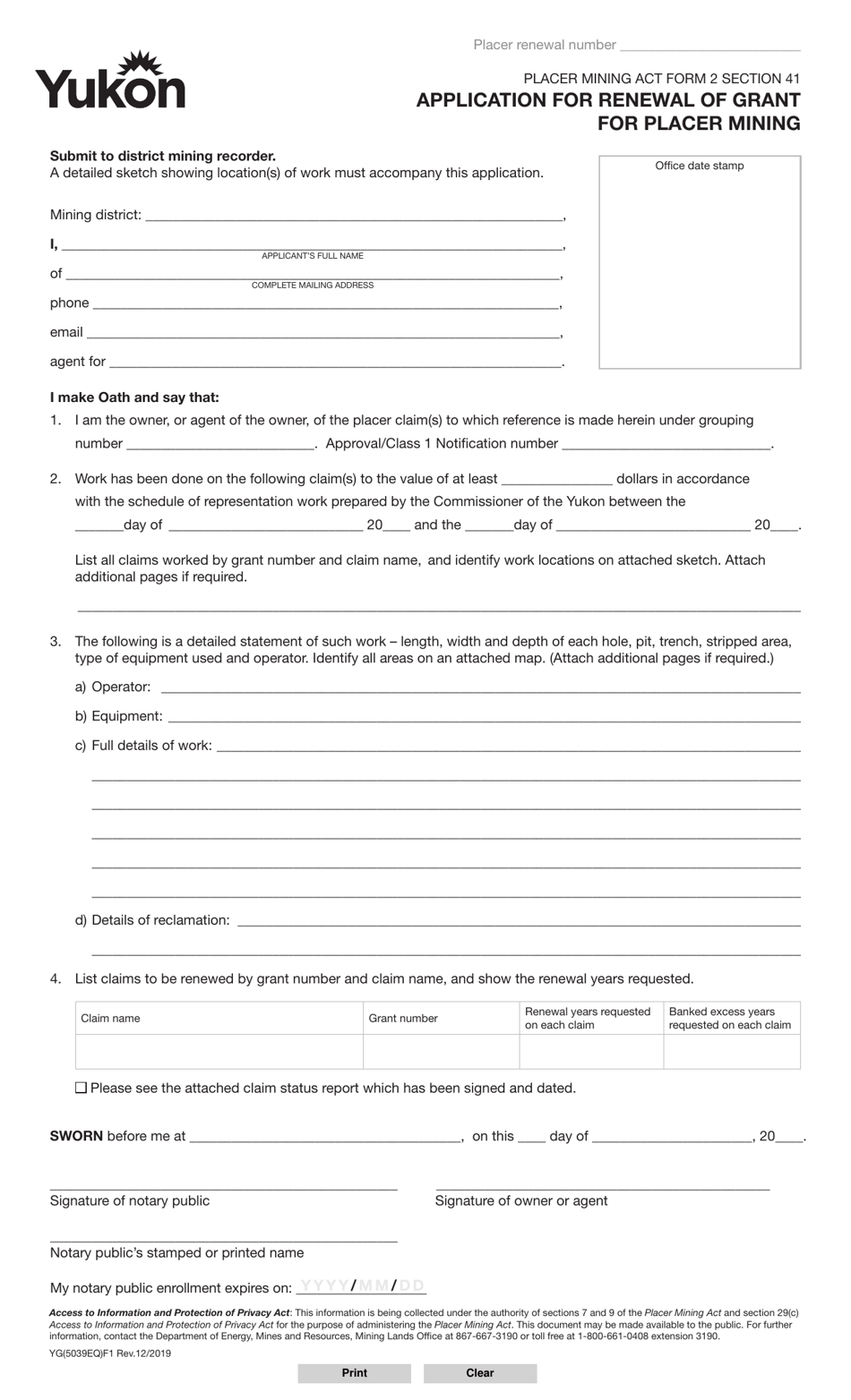 Form 2 (YG5039) Application for Renewal of Grant for Placer Mining - Yukon, Canada, Page 1