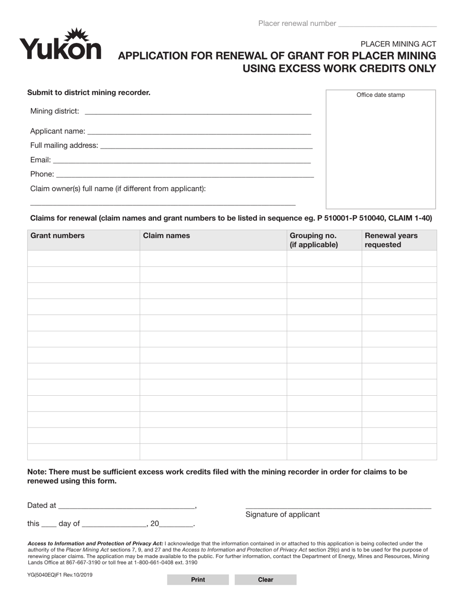 Form YG5040 Application for Renewal of Grant for Placer Mining Using Excess Work Credits Only - Yukon, Canada, Page 1