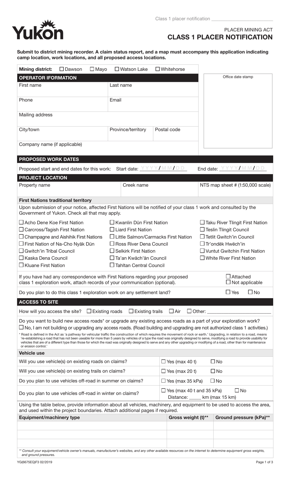 Form YG6675 Class 1 Placer Notification - Yukon, Canada, Page 1