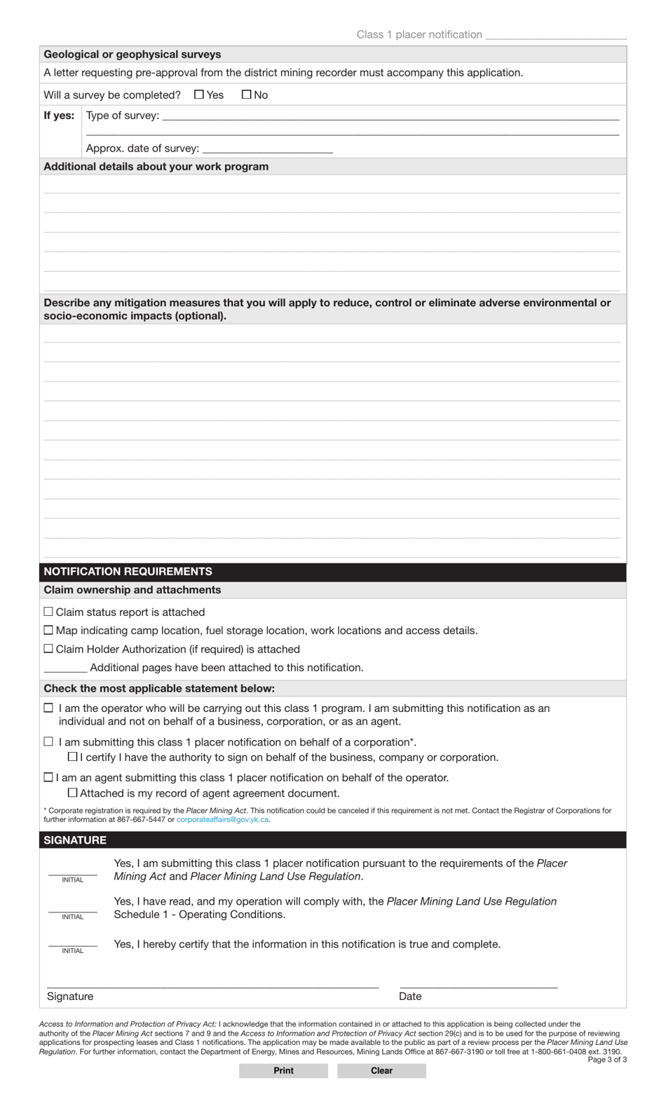Form YG6675 Class 1 Placer Notification - Yukon, Canada, Page 3