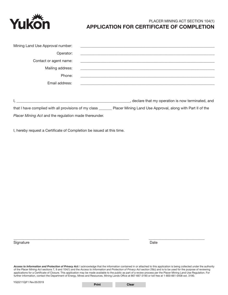 Form YG5211 Application for Certificate of Completion - Yukon, Canada, Page 1