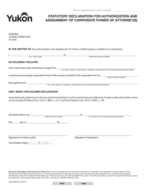 Form YG6759 Statutory Declaration for Authorization and Assignment of Corporate Power of Attorney(S) - Yukon, Canada