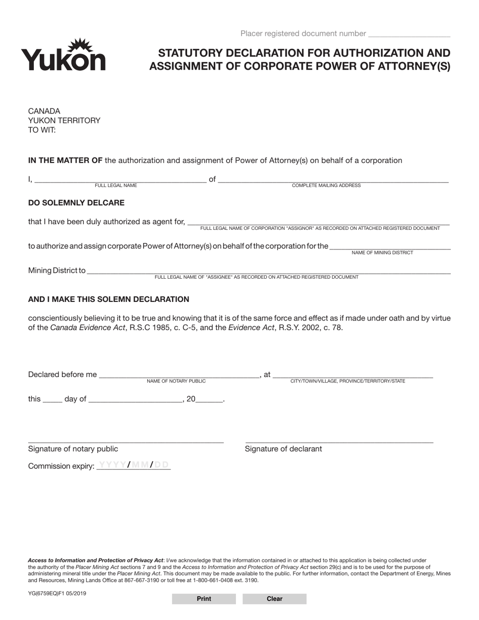 Form YG6759 Statutory Declaration for Authorization and Assignment of Corporate Power of Attorney(S) - Yukon, Canada, Page 1
