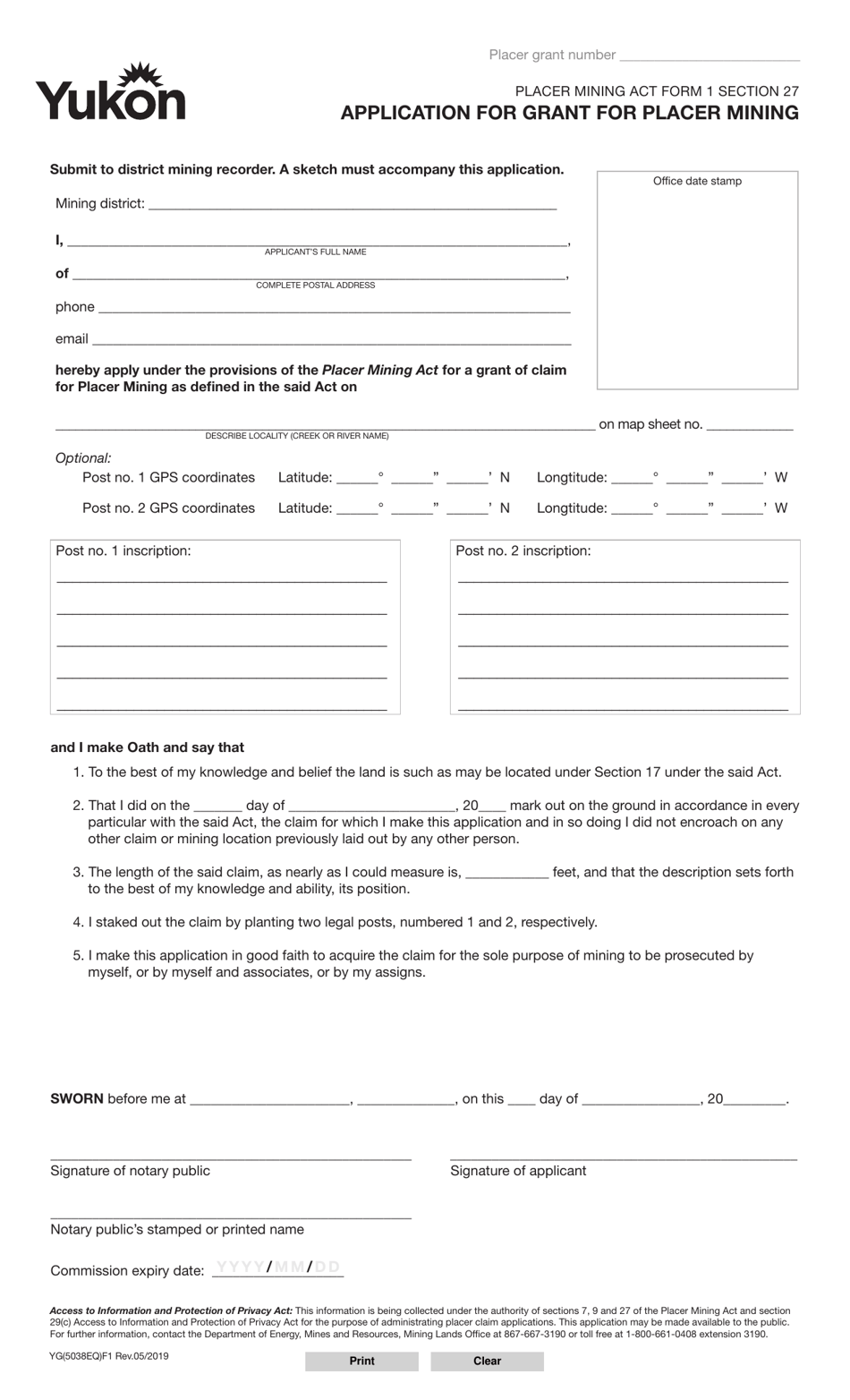 Form 1 (YG5038) Application for Grant for Placer Mining - Yukon, Canada, Page 1