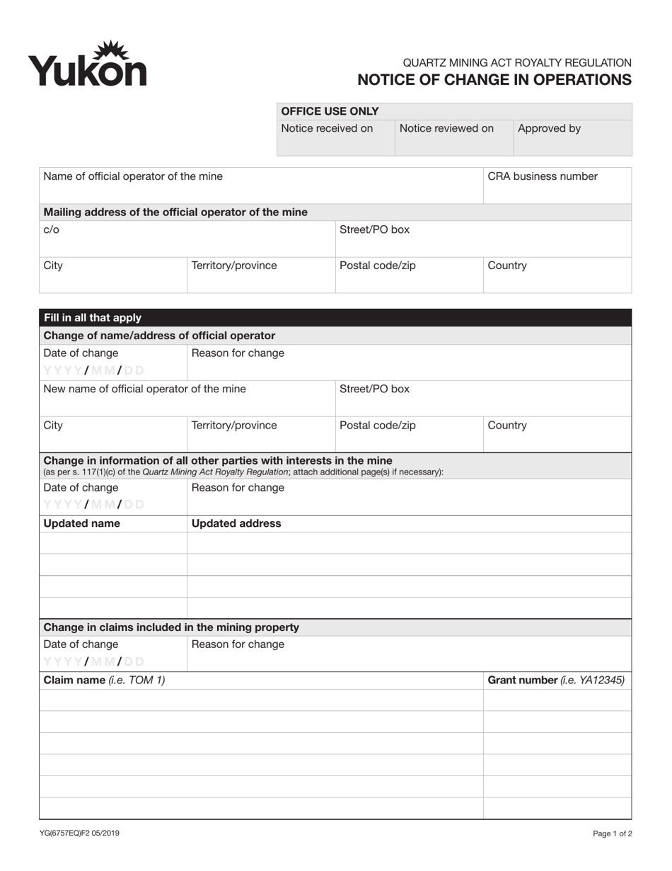 Form YG6757 Notice of Change in Operations - Yukon, Canada, Page 1