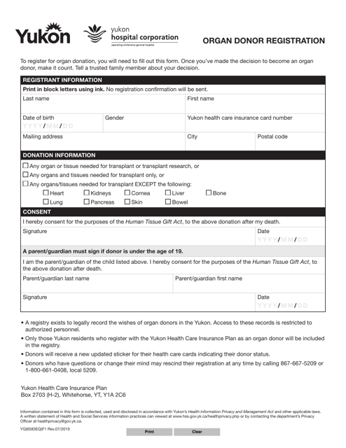 Form YG6583 Organ Donor Registration - Yukon, Canada