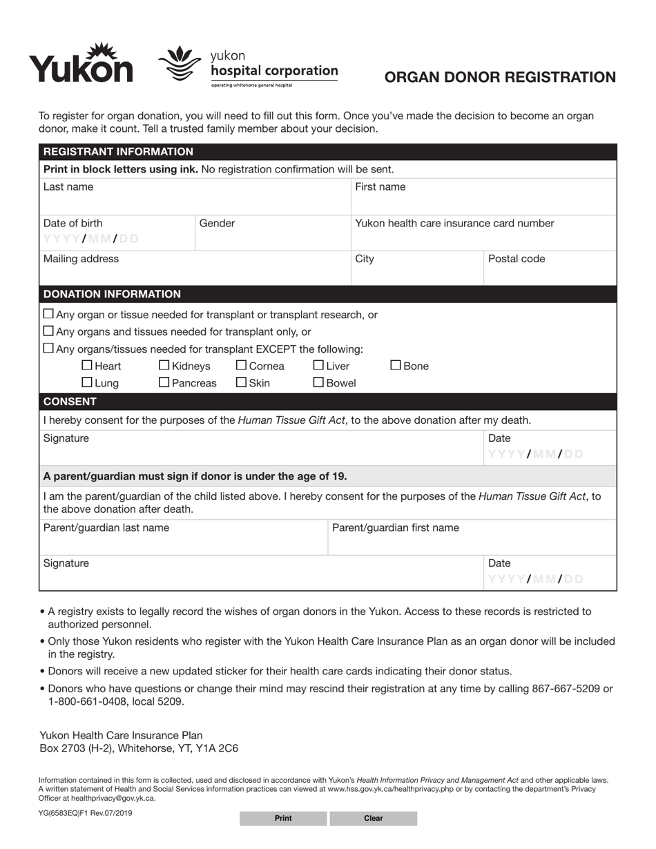 Form YG6583 Organ Donor Registration - Yukon, Canada, Page 1