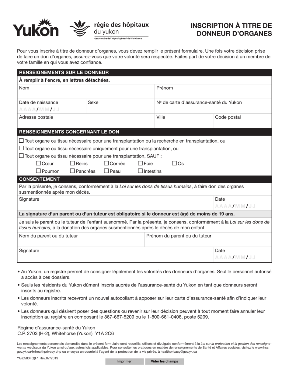 Forme YG6583 Inscription a Titre De Donneur Dorganes - Yukon, Canada (French), Page 1