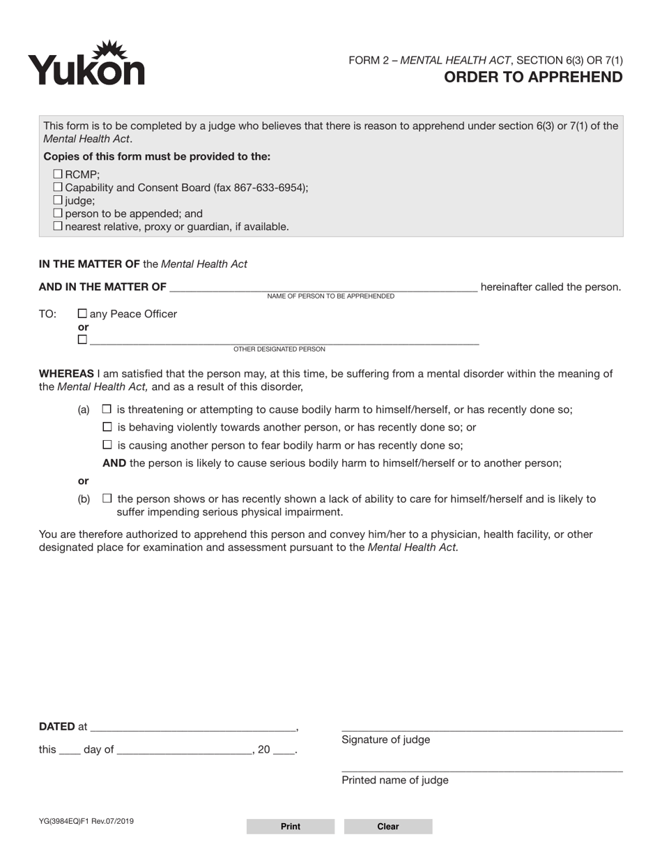 Form 2 (YG3984) Order to Apprehend - Yukon, Canada, Page 1