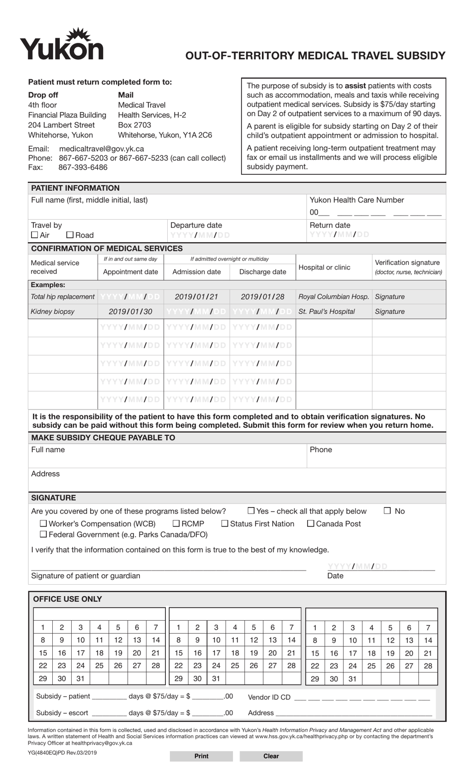 Form YG4840 Out-Of-Territory Medical Travel Subsidy - Yukon, Canada, Page 1