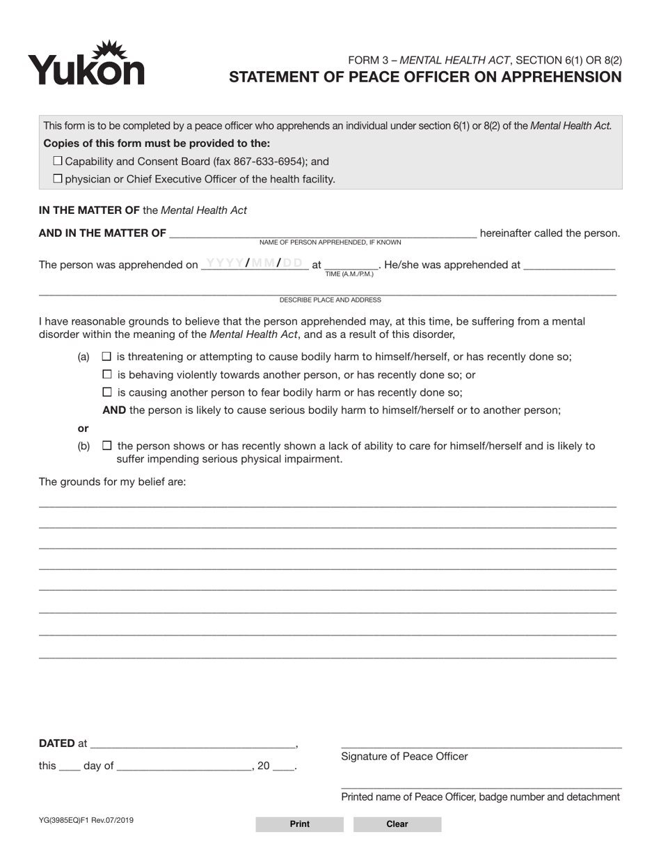Form 3 (YG3985) Statement of Peace Officer on Apprehension - Yukon, Canada, Page 1
