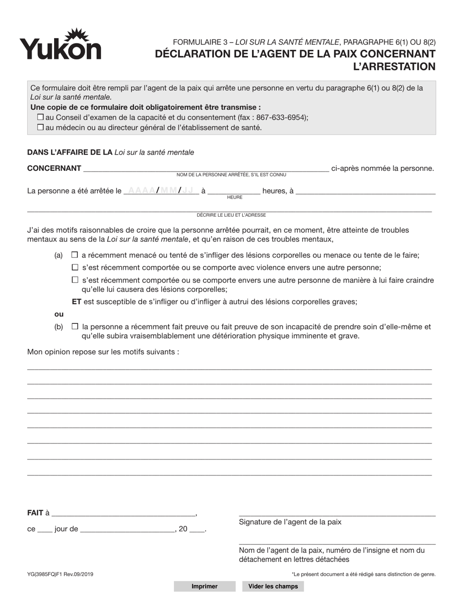 Forme 3 (YG3985) Declaration De Lagent De La Paix Concernant Larrestation - Yukon, Canada (French), Page 1