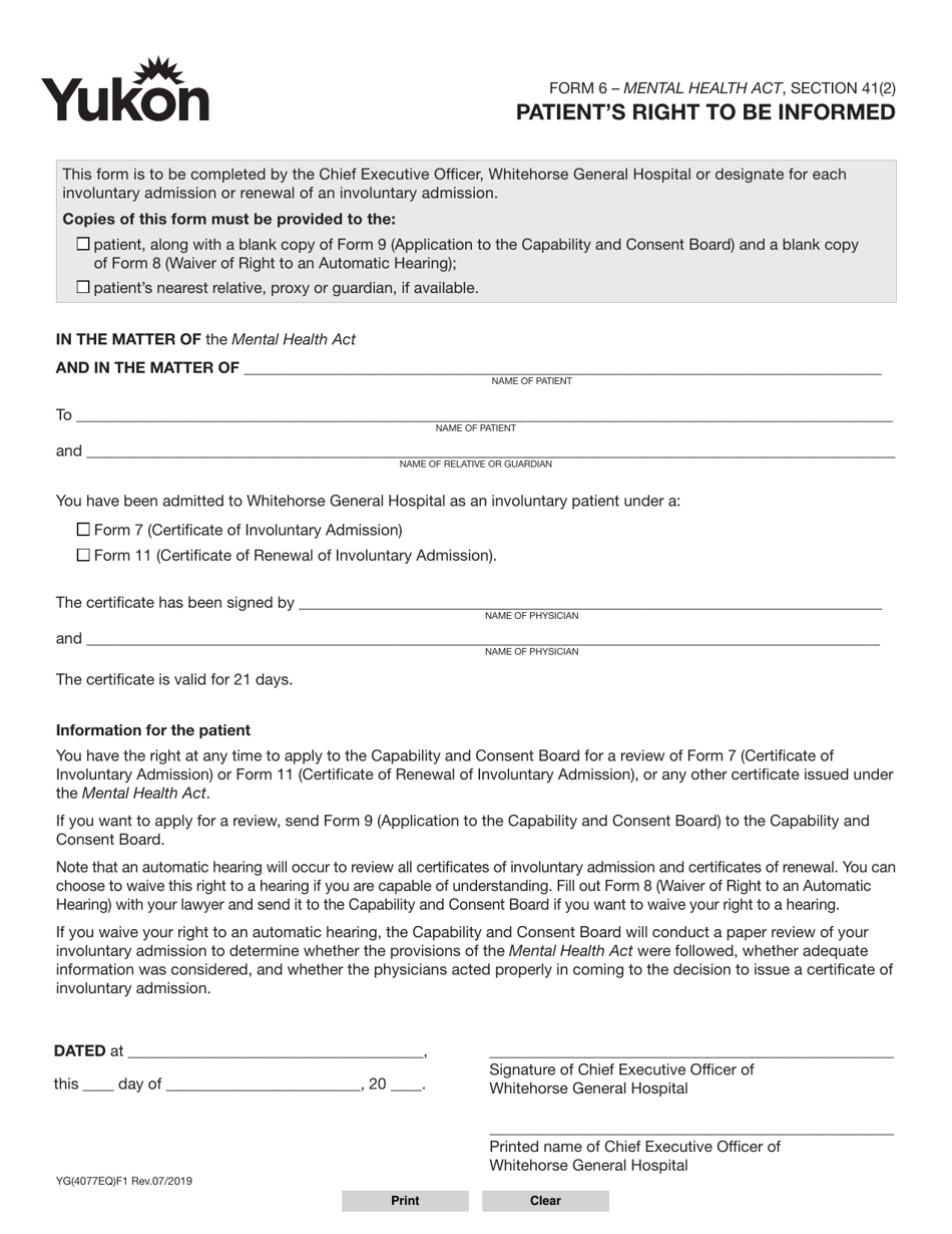 Form 6 (YG4077) Patients Right to Be Informed - Yukon, Canada, Page 1