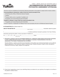 Form 4 (YG3986) Recommendation for Involuntary Psychiatric Assessment (Physician) - Yukon, Canada