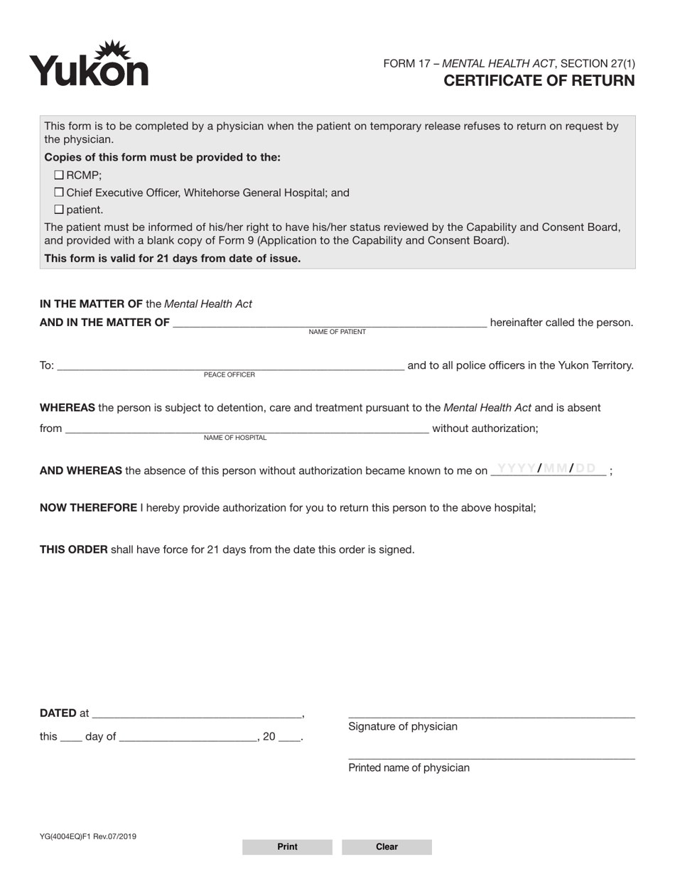 Form 17 (YG4004) Certificate of Return - Yukon, Canada, Page 1