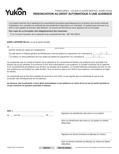 Forme 8 (YG5281) Renonciation Au Droit Automatique a Une Audience - Yukon, Canada (French)
