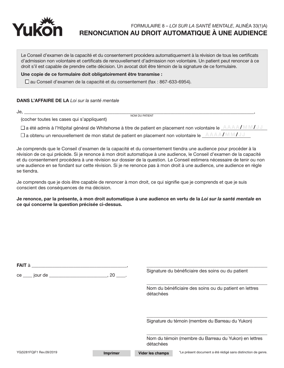 Forme 8 (YG5281) Renonciation Au Droit Automatique a Une Audience - Yukon, Canada (French), Page 1