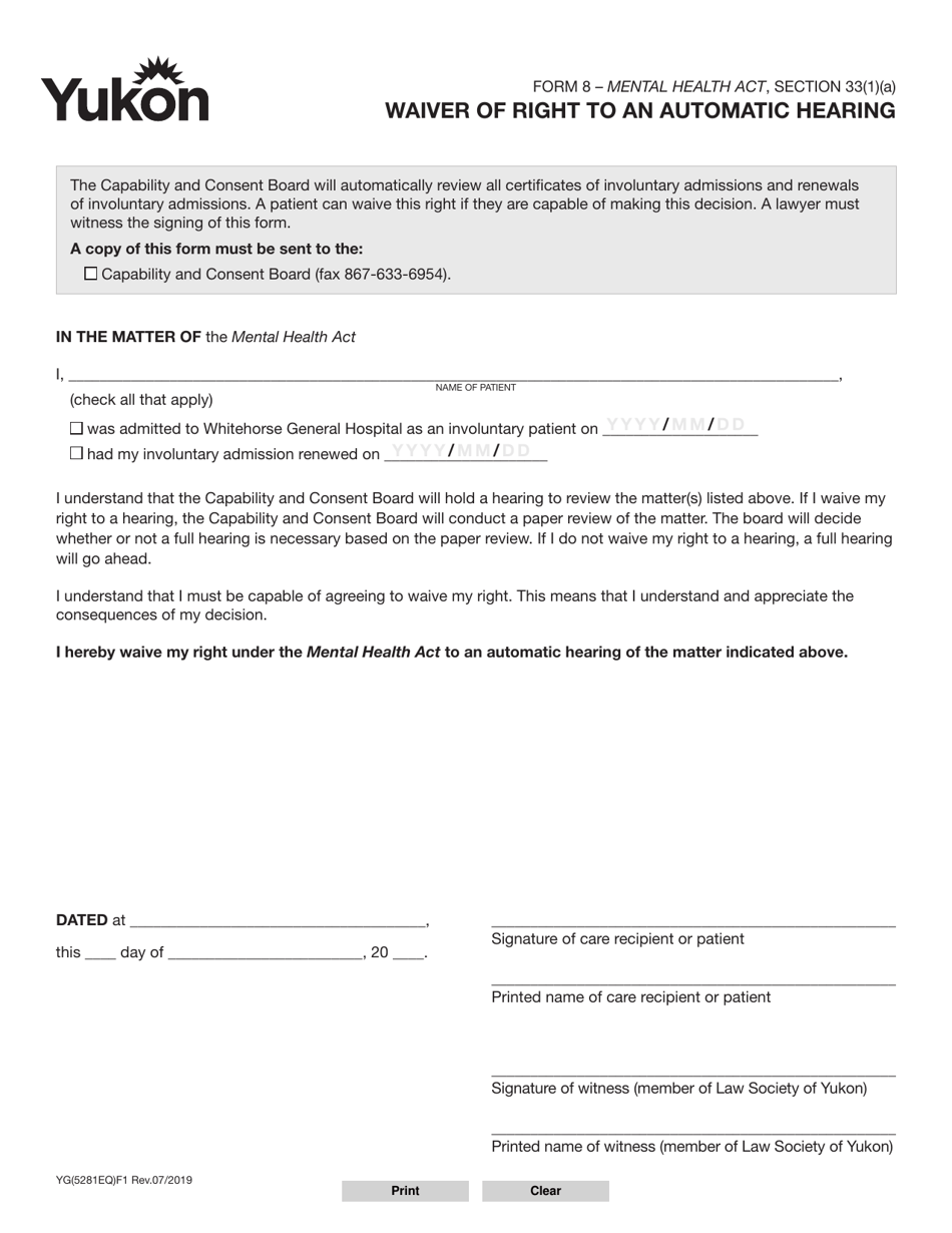 Form 8 (YG5281) Waiver of Right to an Automatic Hearing - Yukon, Canada, Page 1