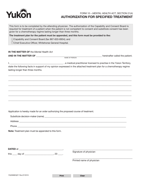 Form 10 (YG3996) Authorization for Specified Treatment - Yukon, Canada
