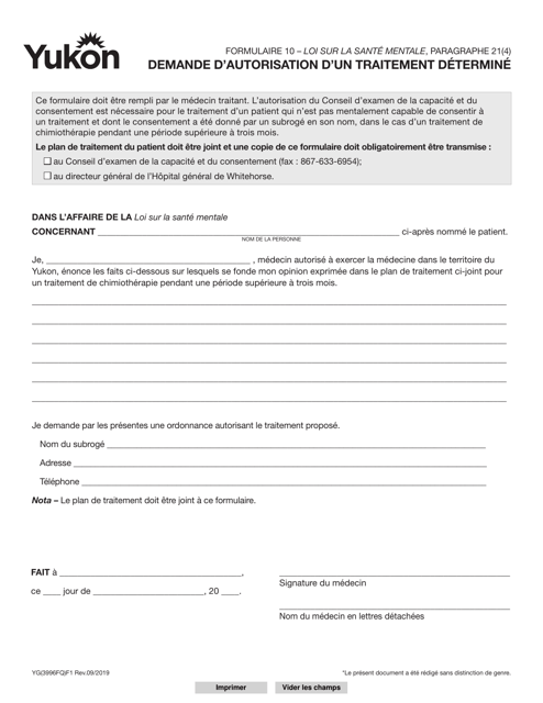 Forme 10 (YG3996) Demande D'autorisation D'un Traitement Determine - Yukon, Canada (French)