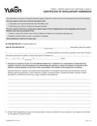 Form 7 (YG3989) &quot;Certificate of Involuntary Admission&quot; - Yukon, Canada