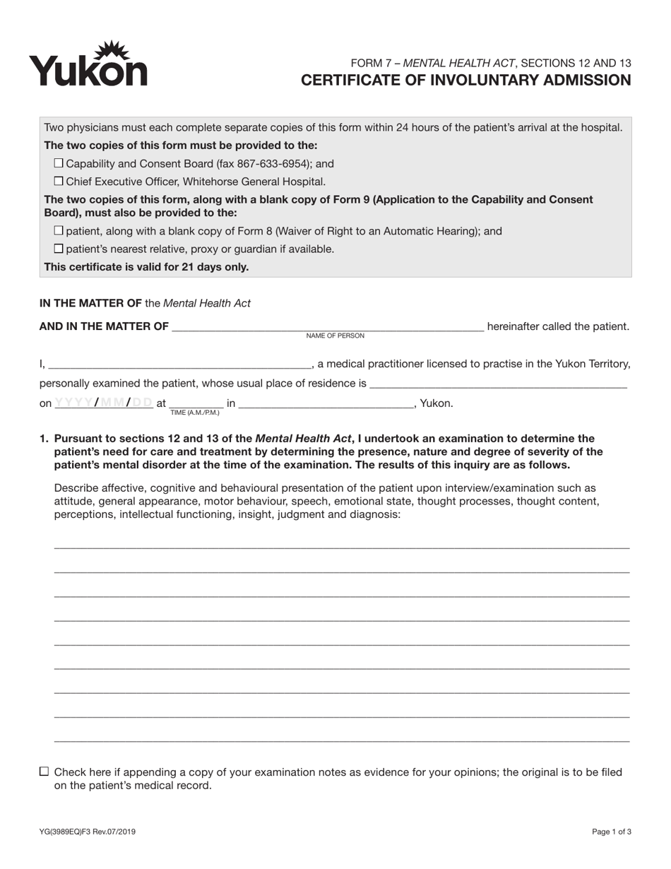 Form 7 (YG3989) Certificate of Involuntary Admission - Yukon, Canada, Page 1