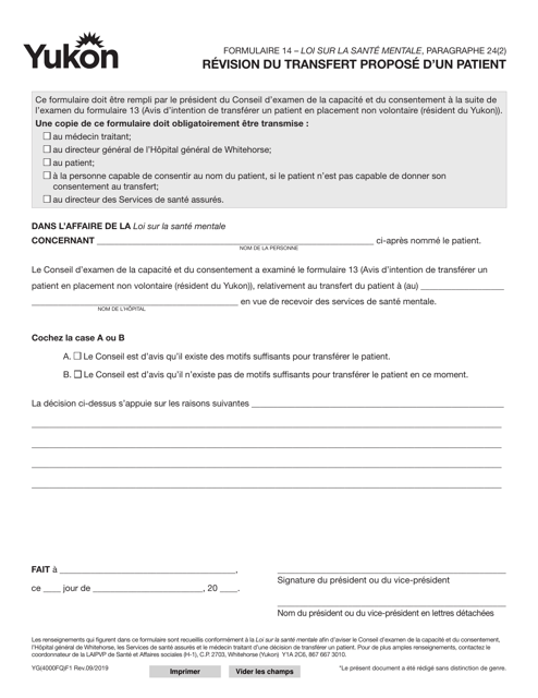 Forme 14 (YG4000) Revision Du Transfert Propose D'un Patient - Yukon, Canada (French)