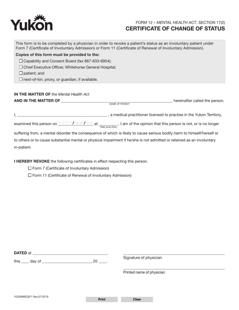 Form 12 (YG3998) Certificate of Change of Status - Yukon, Canada