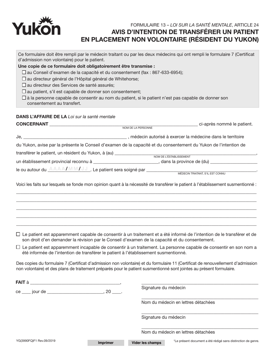 Forme 13 (YG3990) Avis Dintention De Transferer Un Patient En Placement Non Volontaire (Resident Du Yukon) - Yukon, Canada (French), Page 1