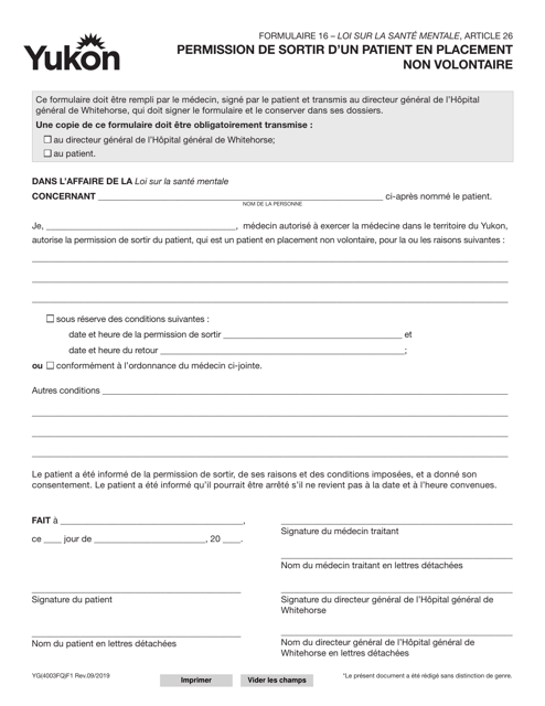 Forme 16 (YG4003) Permission De Sortir D'un Patient En Placement Non Volontaire - Yukon, Canada (French)