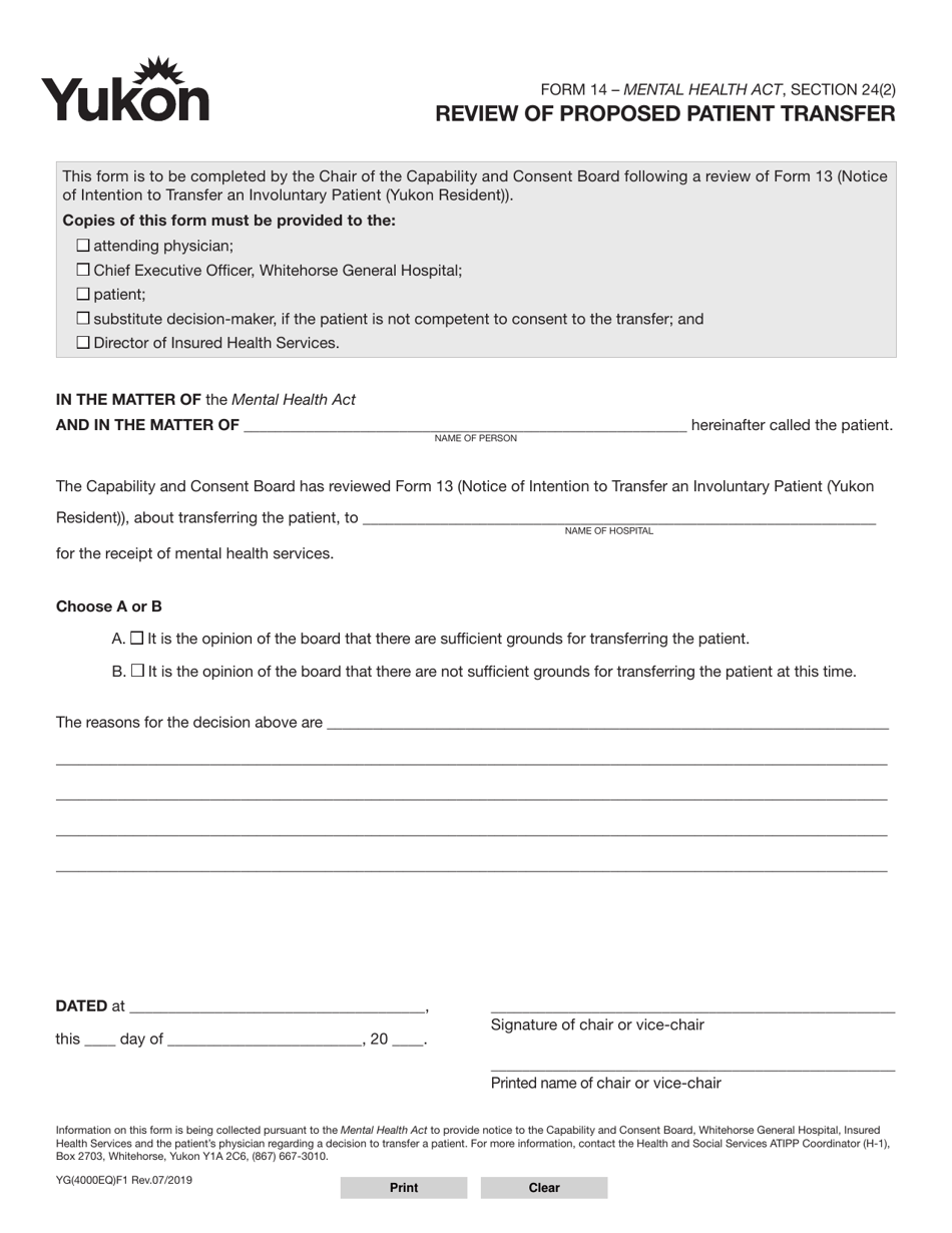 Form 14 (YG4000) Review of Proposed Patient Transfer - Yukon, Canada, Page 1