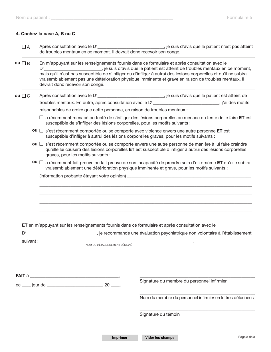 Forme 5 (YG3987) Recommandation Devaluation Psychiatrique Non Volontaire (Personnel Infirmier) - Yukon, Canada (French), Page 3