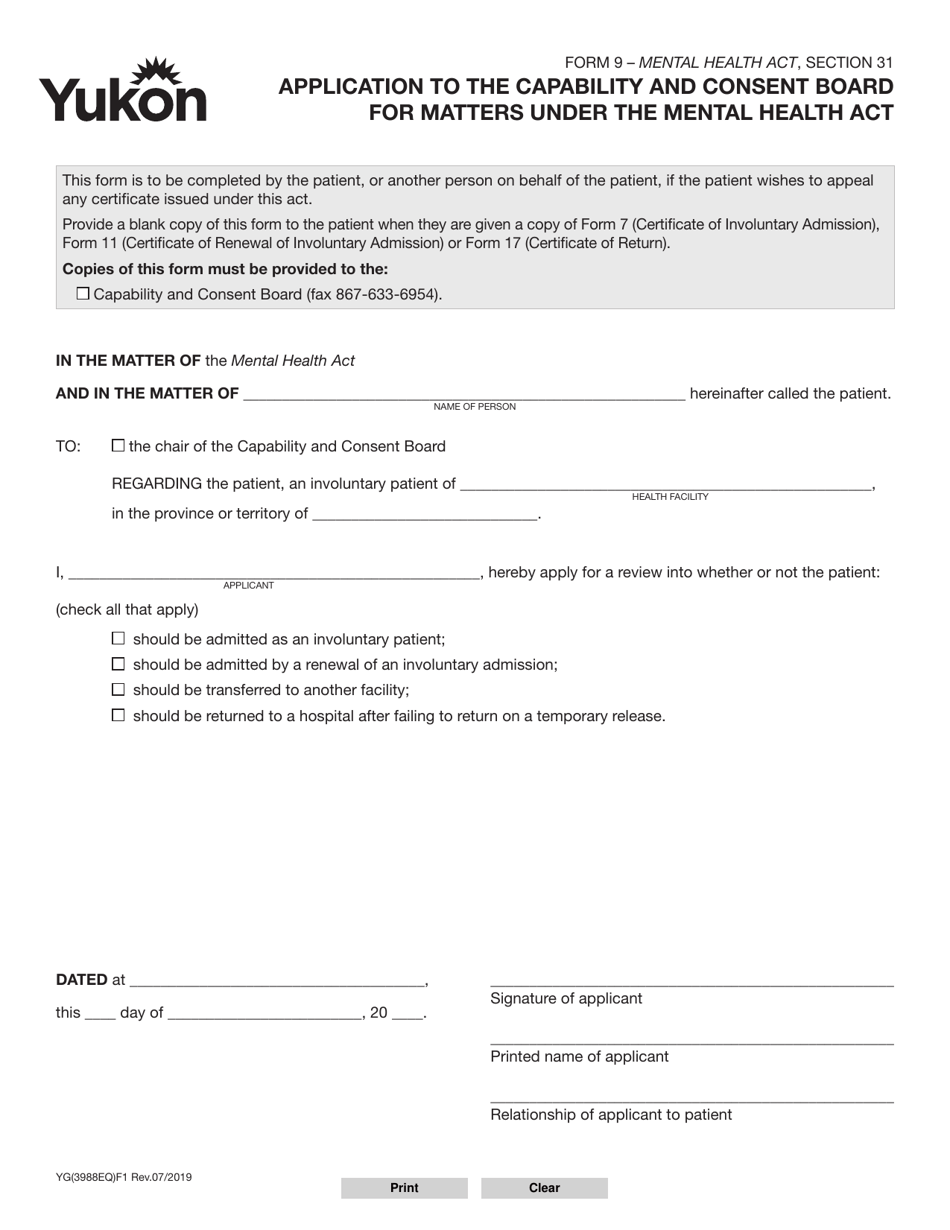 Form 9 (YG3988) Application to the Capability and Consent Board for Matters Under the Mental Health Act - Yukon, Canada, Page 1