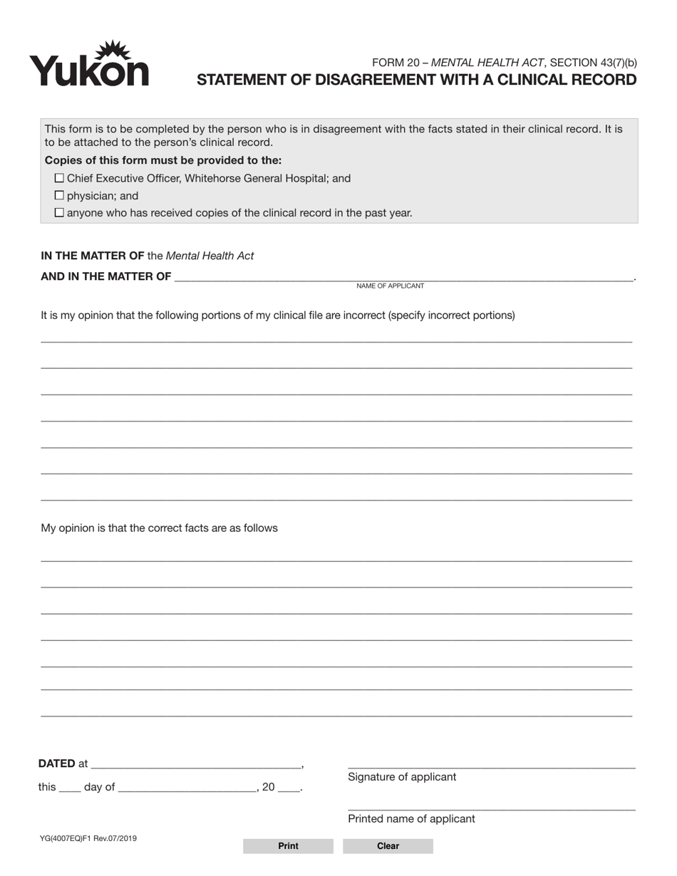 Form 20 (YG4007) Statement of Disagreement With a Clinical Record - Yukon, Canada, Page 1