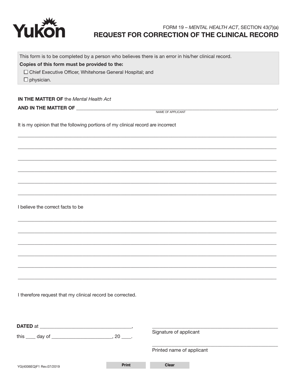Form 19 (YG4006) Request for Correction of the Clinical Record - Yukon, Canada, Page 1